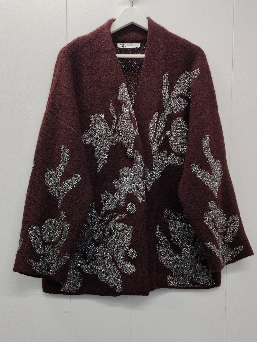 Zara Maroon & Metallic Print Knit Oversized Coat Size L/XL